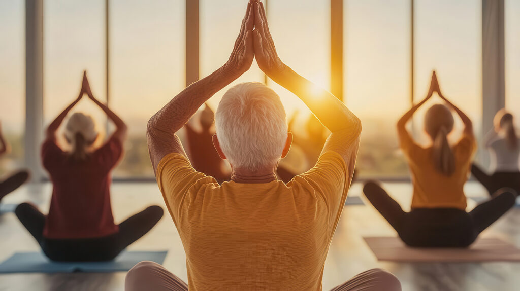Elderly group practicing seated sun salutations with hands reach